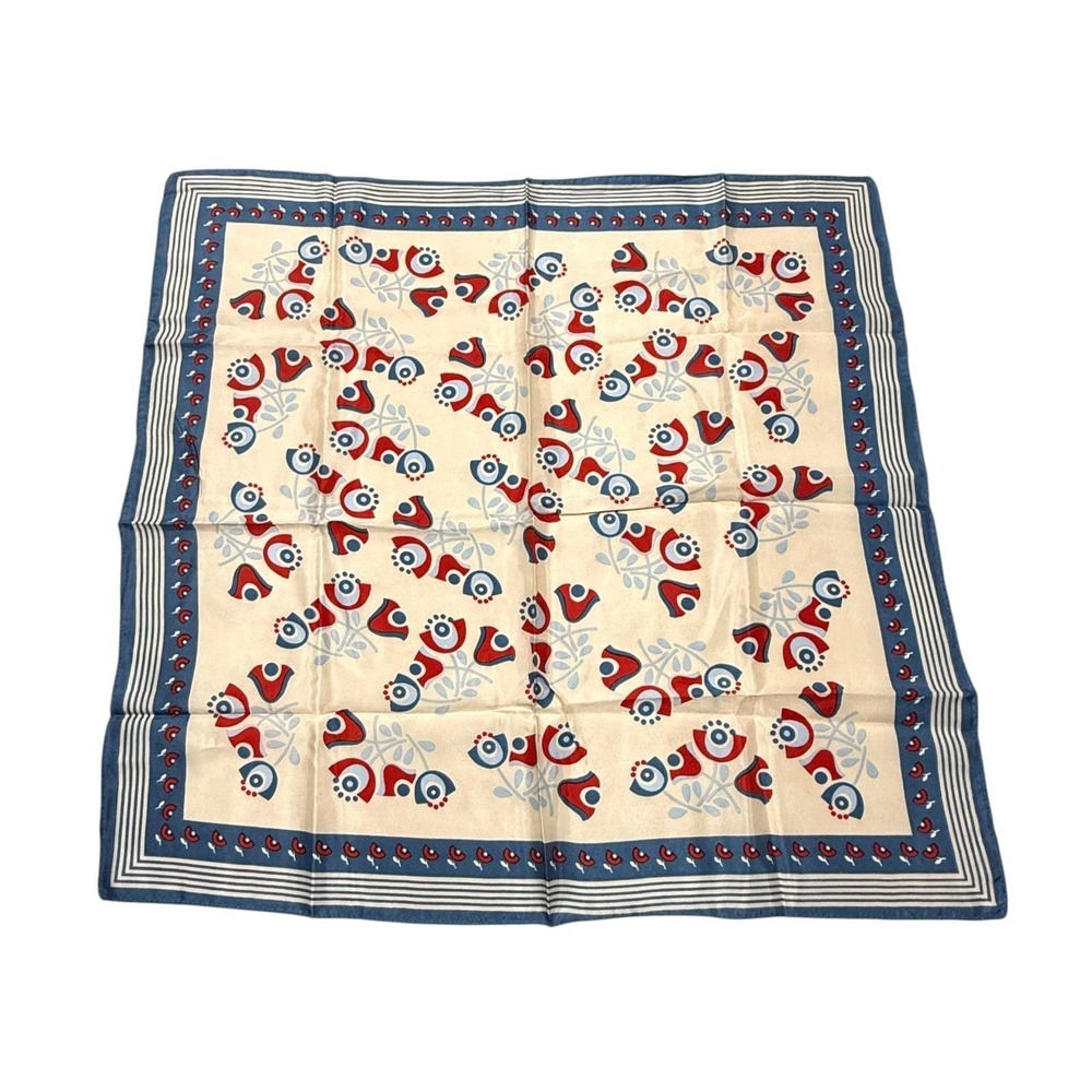 Folksy Scarf Geometric Floral Blue Red Cream Stitched Hem Synthetic 26" Square